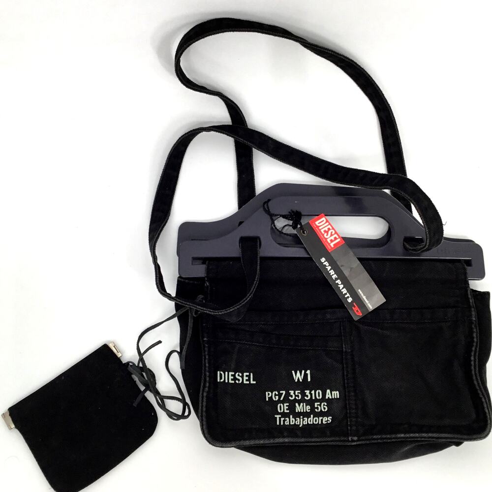 Vintage DIESEL Black Denim Industrial Handle Shoulder Bag Y2K Archival Tactical